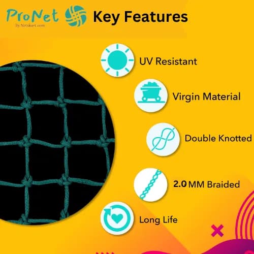 ProNet cricket net key features including UV resistance, virgin material, double knotted design, 2.0 MM braided thickness and long life
