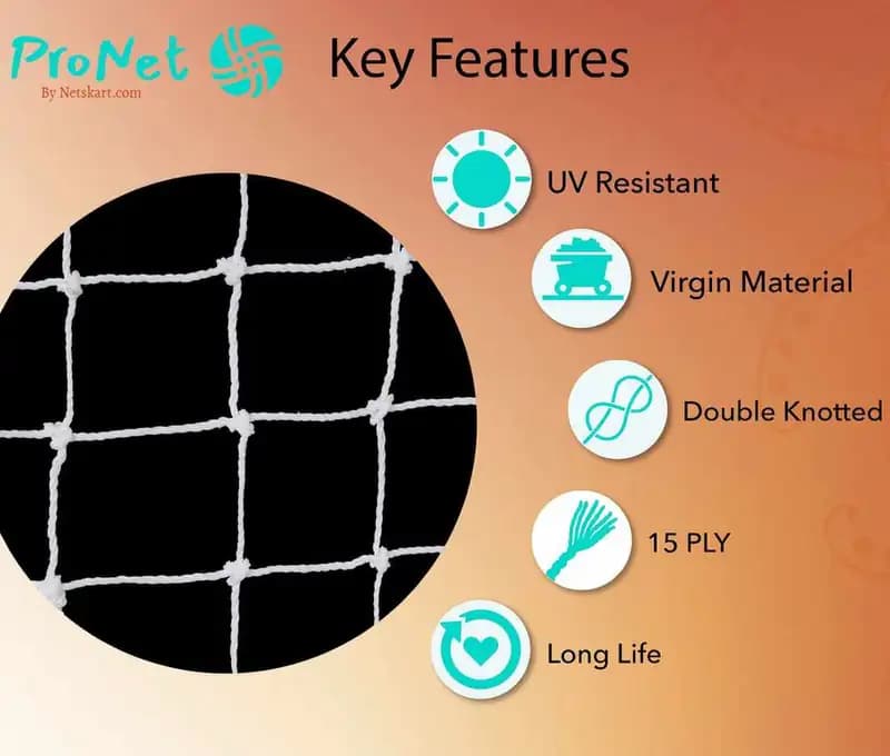 Garware bird net key features including UV resistance, virgin HDPE material, double knot strength, 15 ply quality and long life