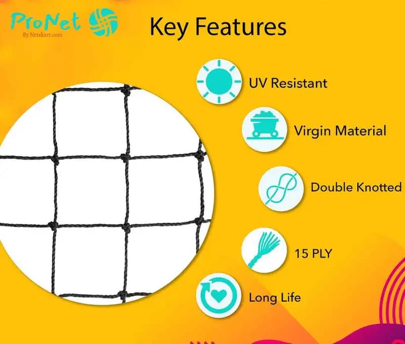 Garware sparrow net key features including UV resistance virgin HDPE material double knot strength 15 ply quality and long life