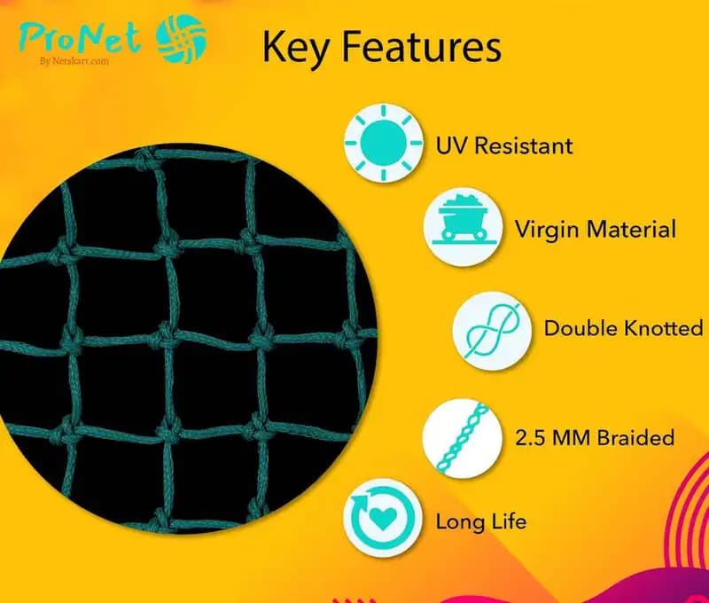 Garware cricket net key features including UV resistance, virgin material, double knotted design, 2.5 MM braided thickness and long life