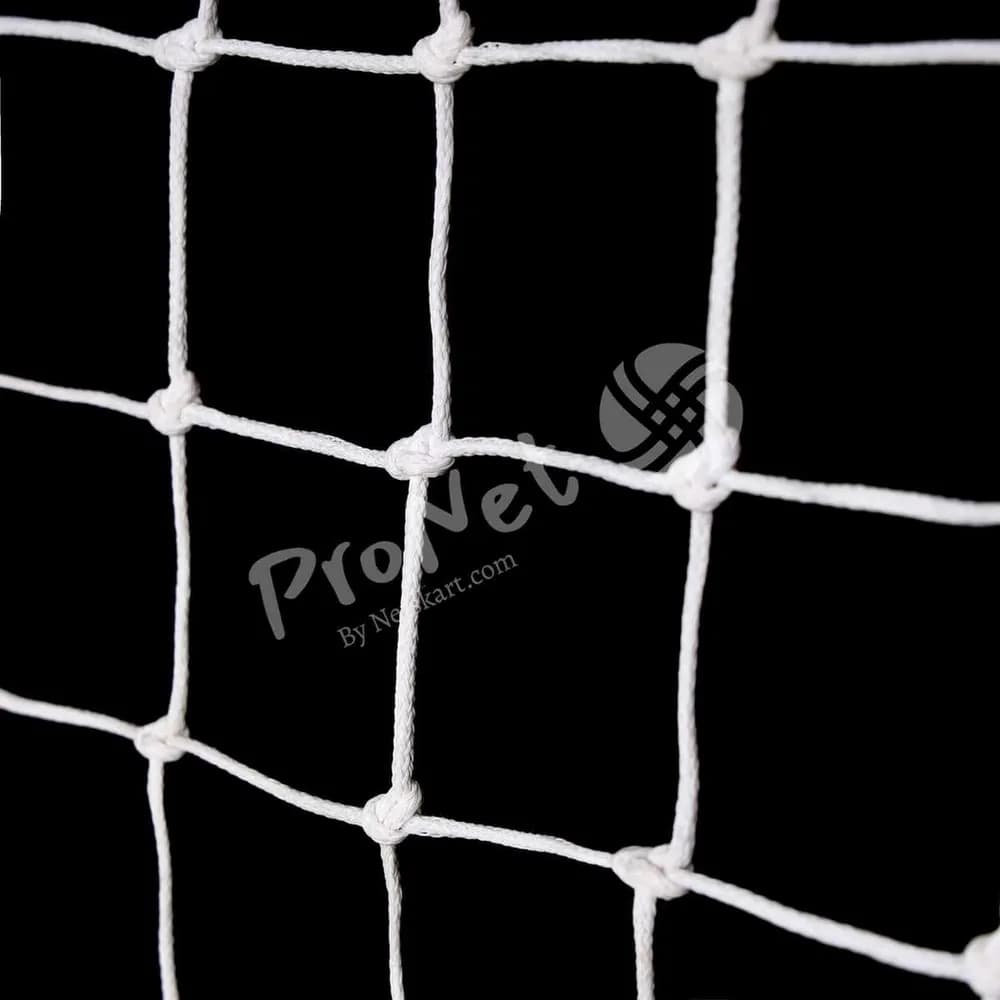 Close-up view of white Garware cricket net showing braided mesh and knot strength