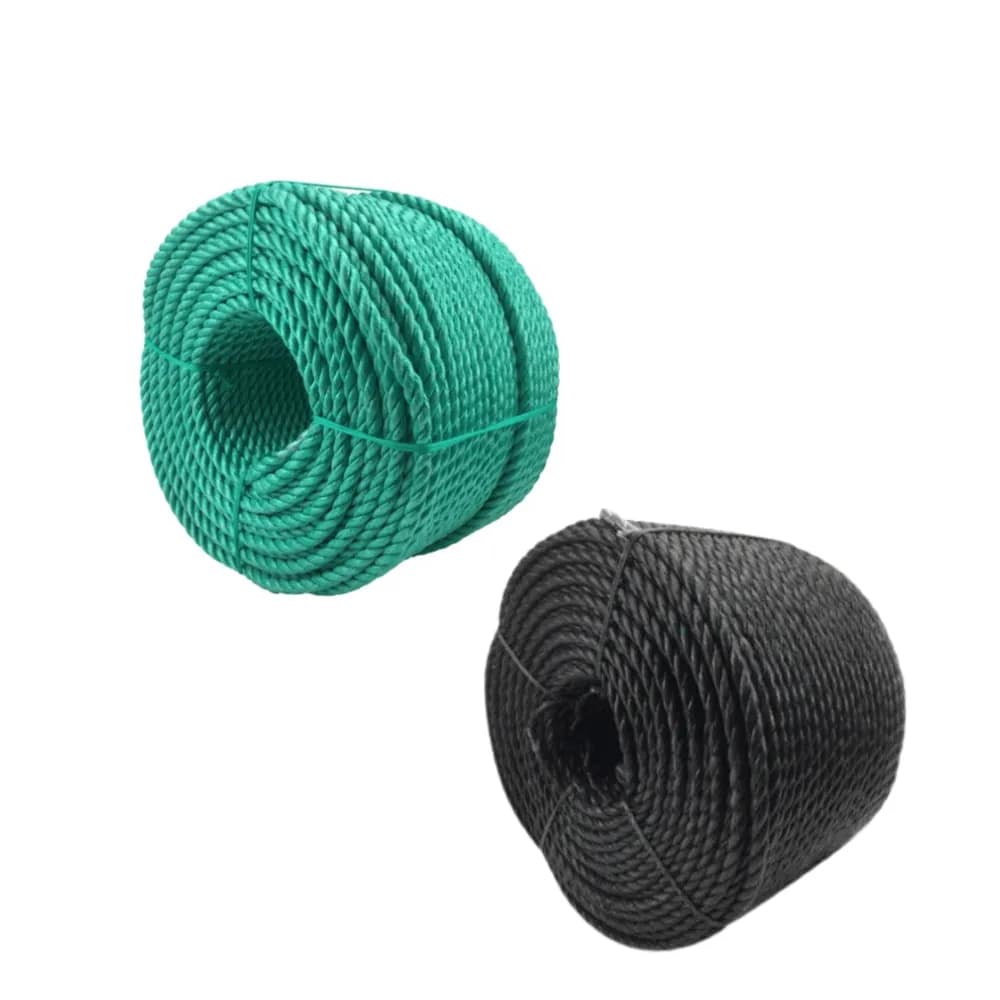 Garware thick HDPE rope rolls in green and black for outdoor net tying and tensioning