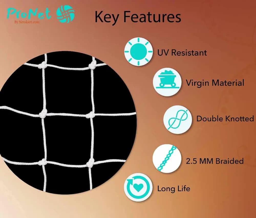 Garware construction safety net key features including UV resistance, virgin material, double knotted design, 2.5 MM braided thickness and long life