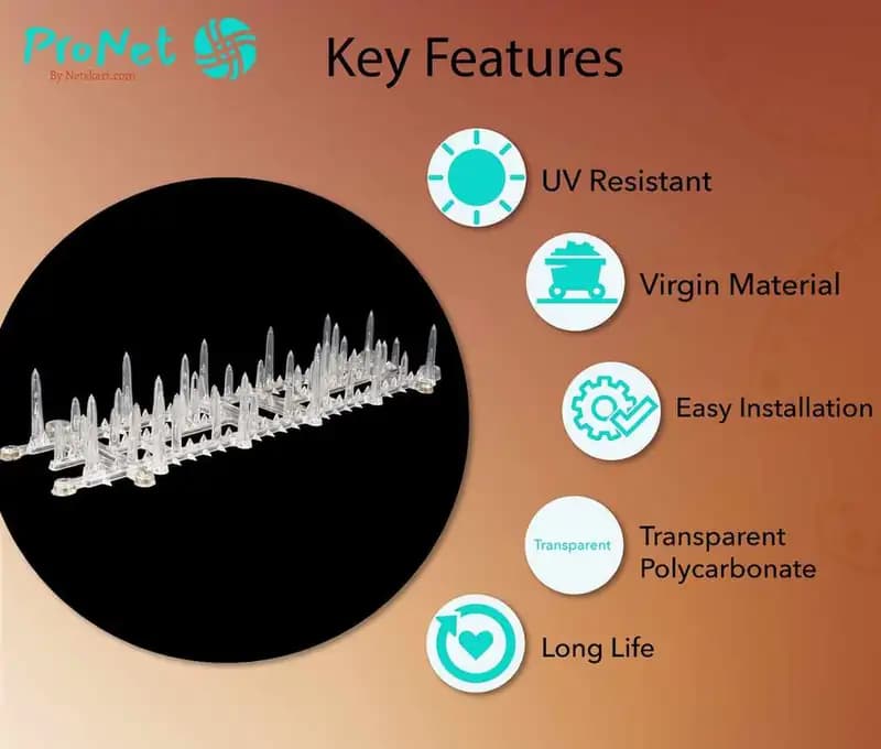 ProNet monkey spikes key features image showing polycarbonate deterrent spike design for monkey-control use