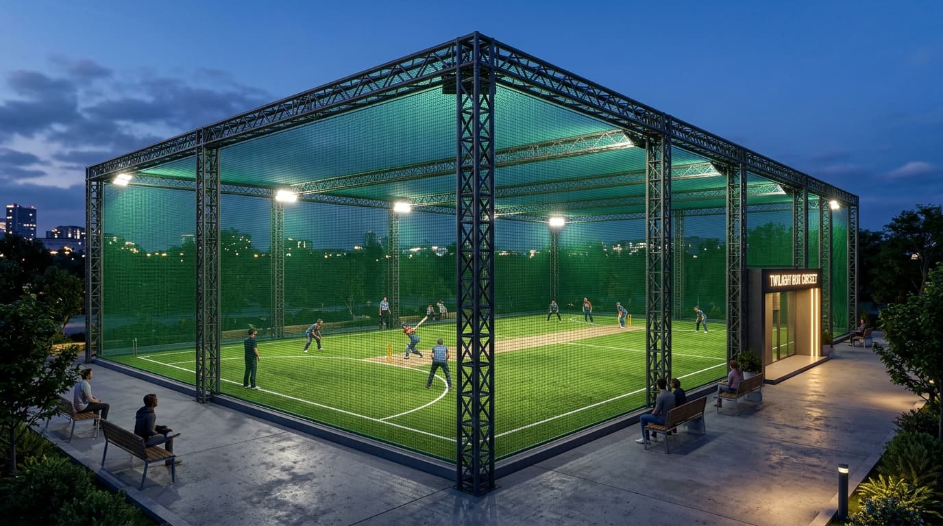 Box Cricket Enclosure Setup with Roof and Side Net Panels